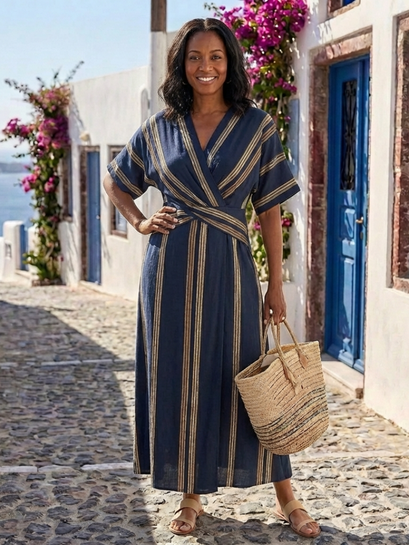 Saphira | Robe midi à rayures à encolure en V et manches courtes