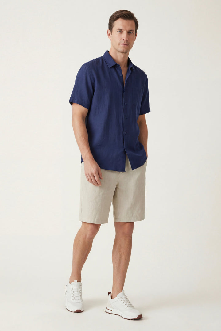 Chemise et Pantalons Courts en Lin Verona Bleu/Naturel