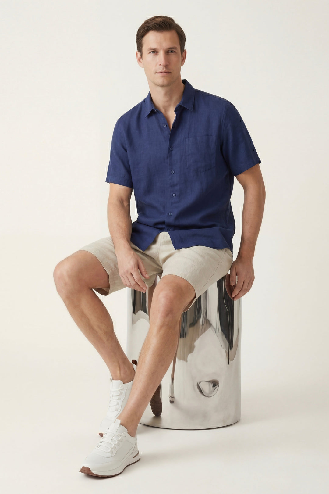 Chemise et Pantalons Courts en Lin Verona Bleu/Naturel