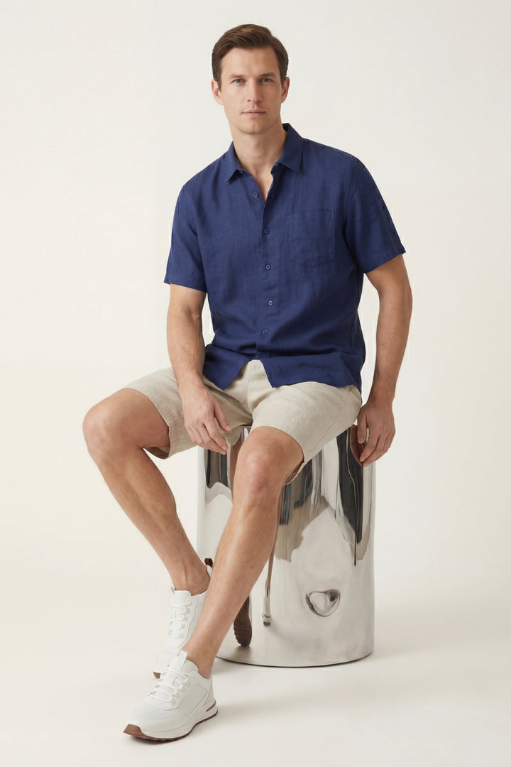 Chemise et Pantalons Courts en Lin Verona Bleu/Naturel