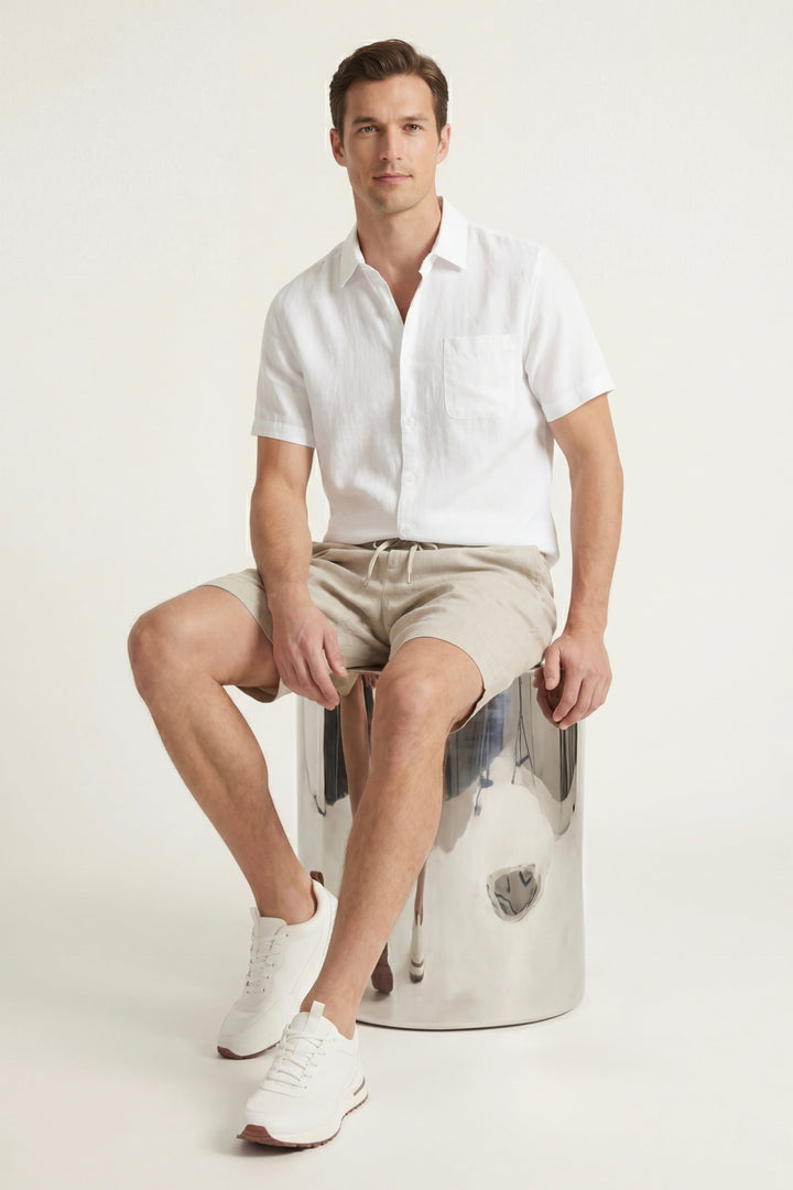Chemise et Pantalons Courts en Lin Verona Blanc/Beige
