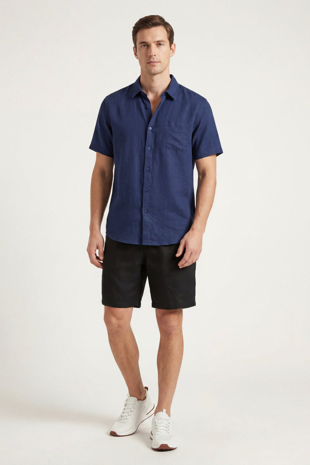 Chemise et Pantalon Court en Lin Verona Bleu/Noir