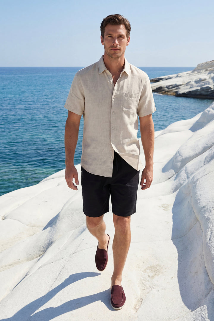 Chemise et Pantalons Courts en Lin Verona Beige/Noir