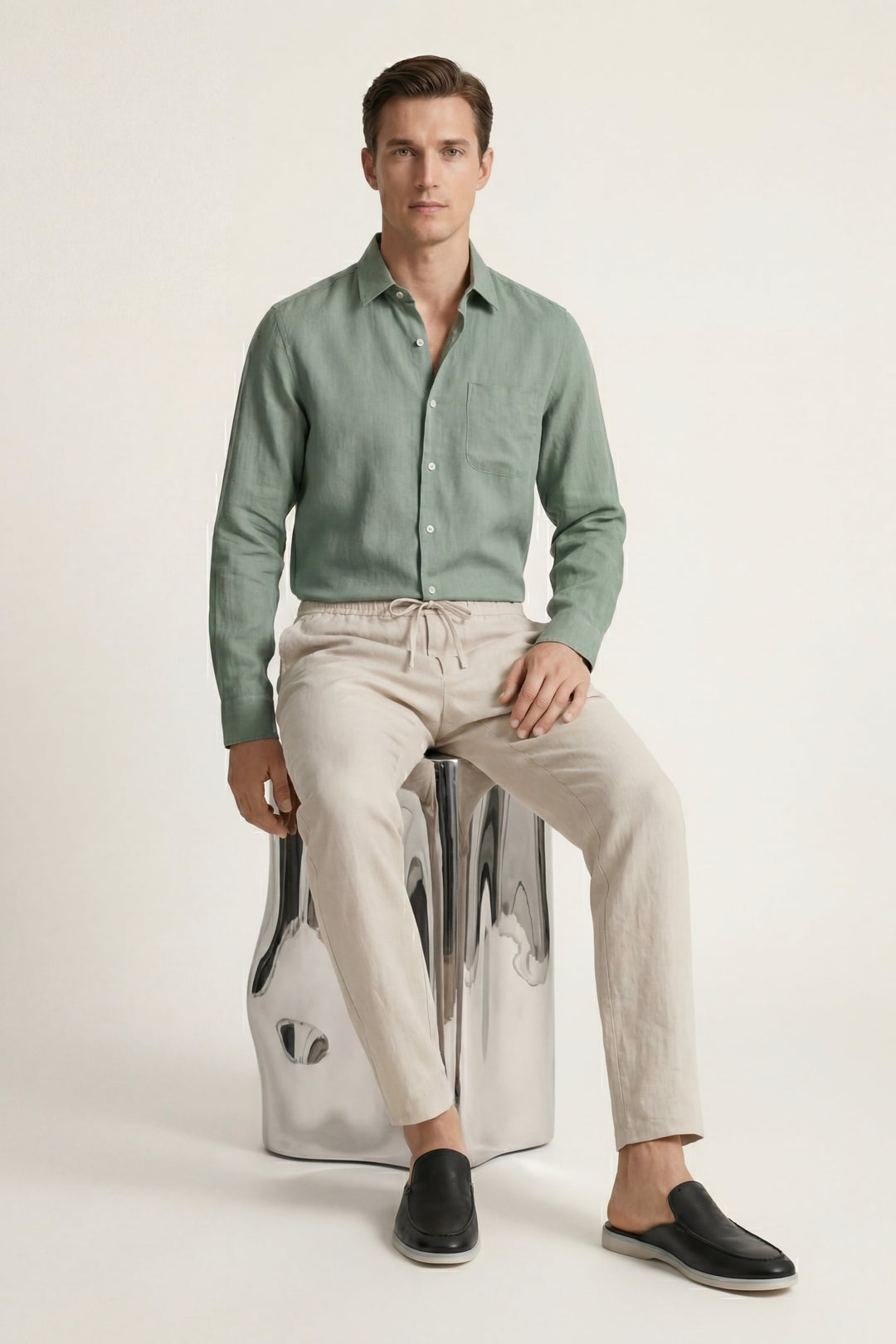 Ensemble en Lin Pisa Manches Longues Vert/Beige