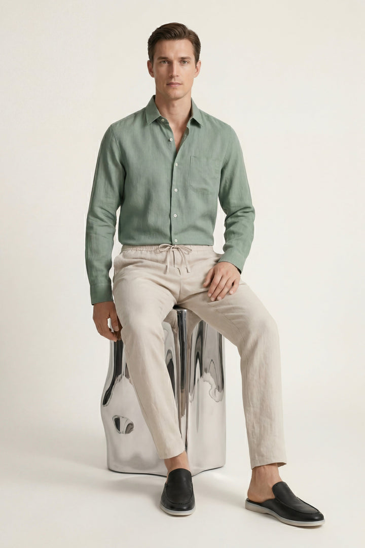 Ensemble en Lin Pisa Manches Longues Vert/Beige