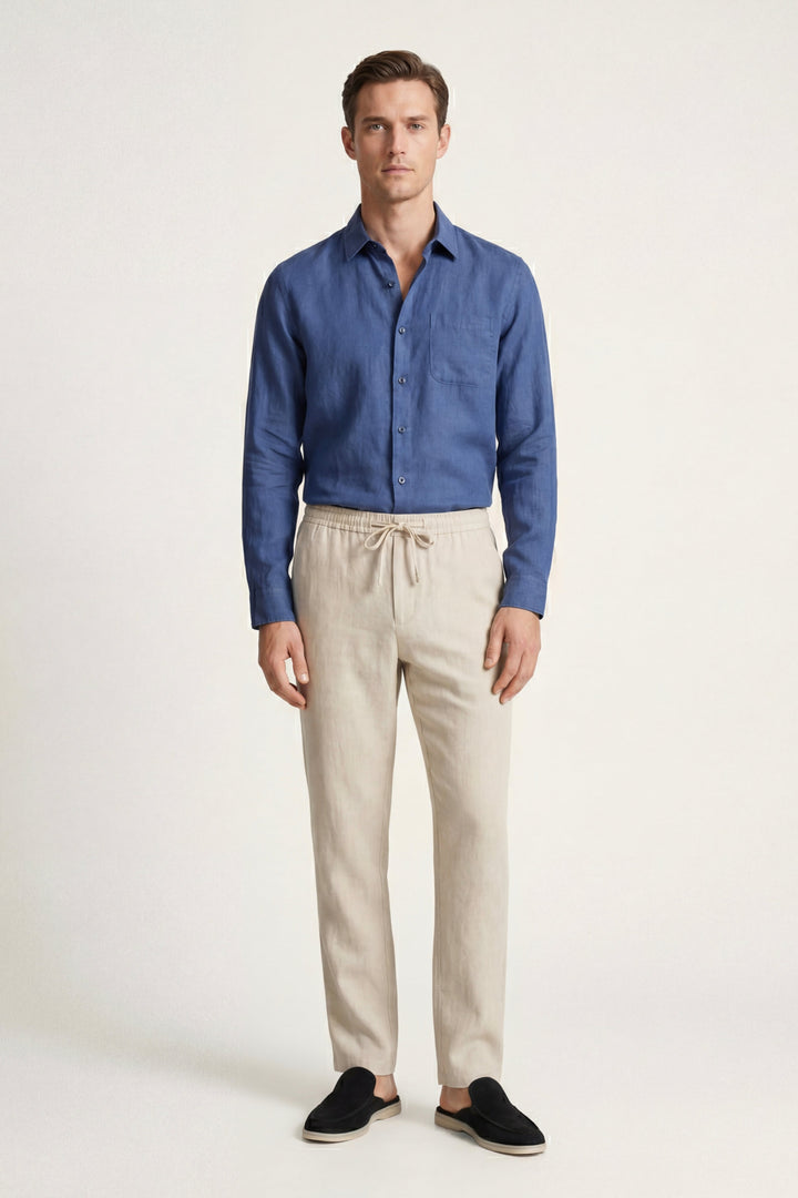 Ensemble en Lin Pisa Manches Longues Bleu/Beige