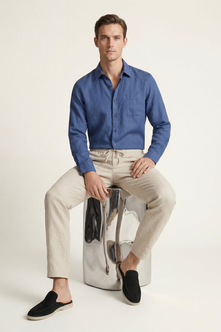 Ensemble en Lin Pisa Manches Longues Bleu/Beige