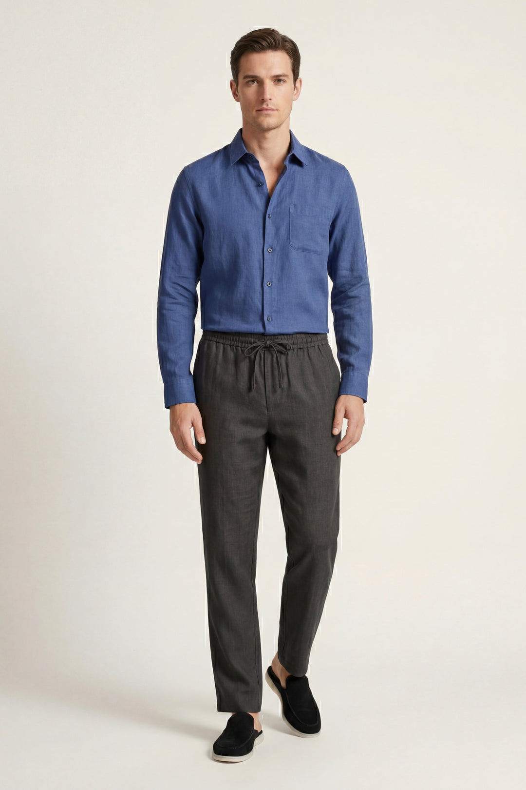 Ensemble en Lin Pisa Manches Longues Bleu/Noir