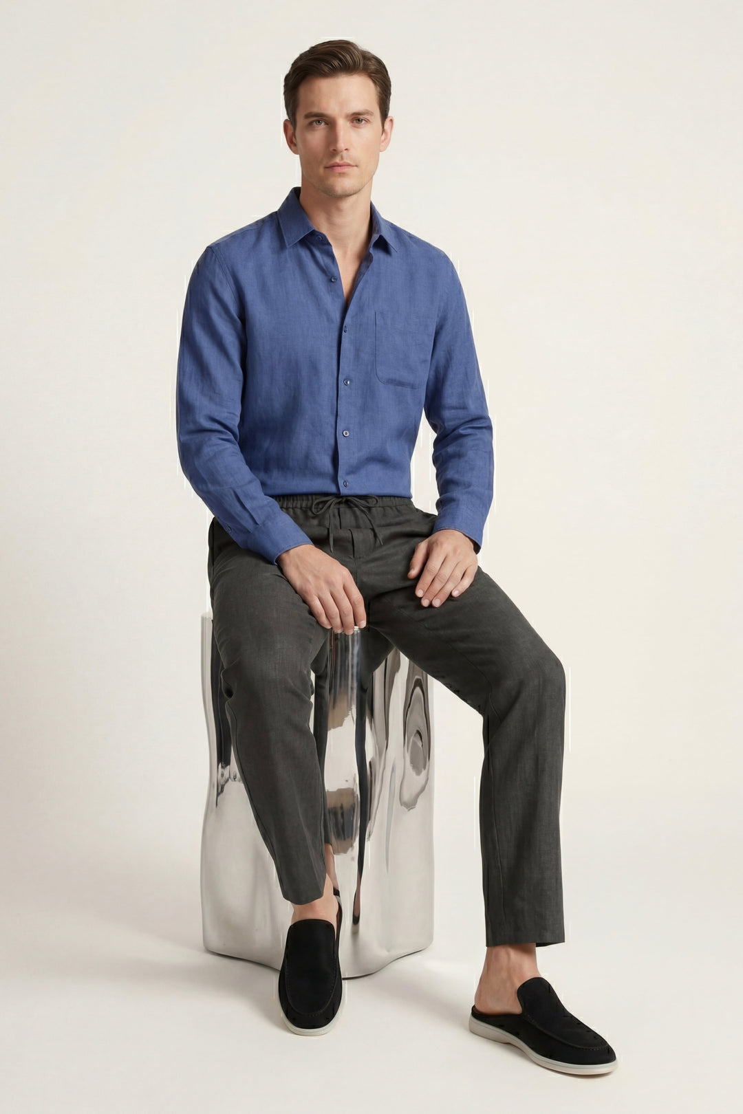Ensemble en Lin Pisa Manches Longues Bleu/Noir