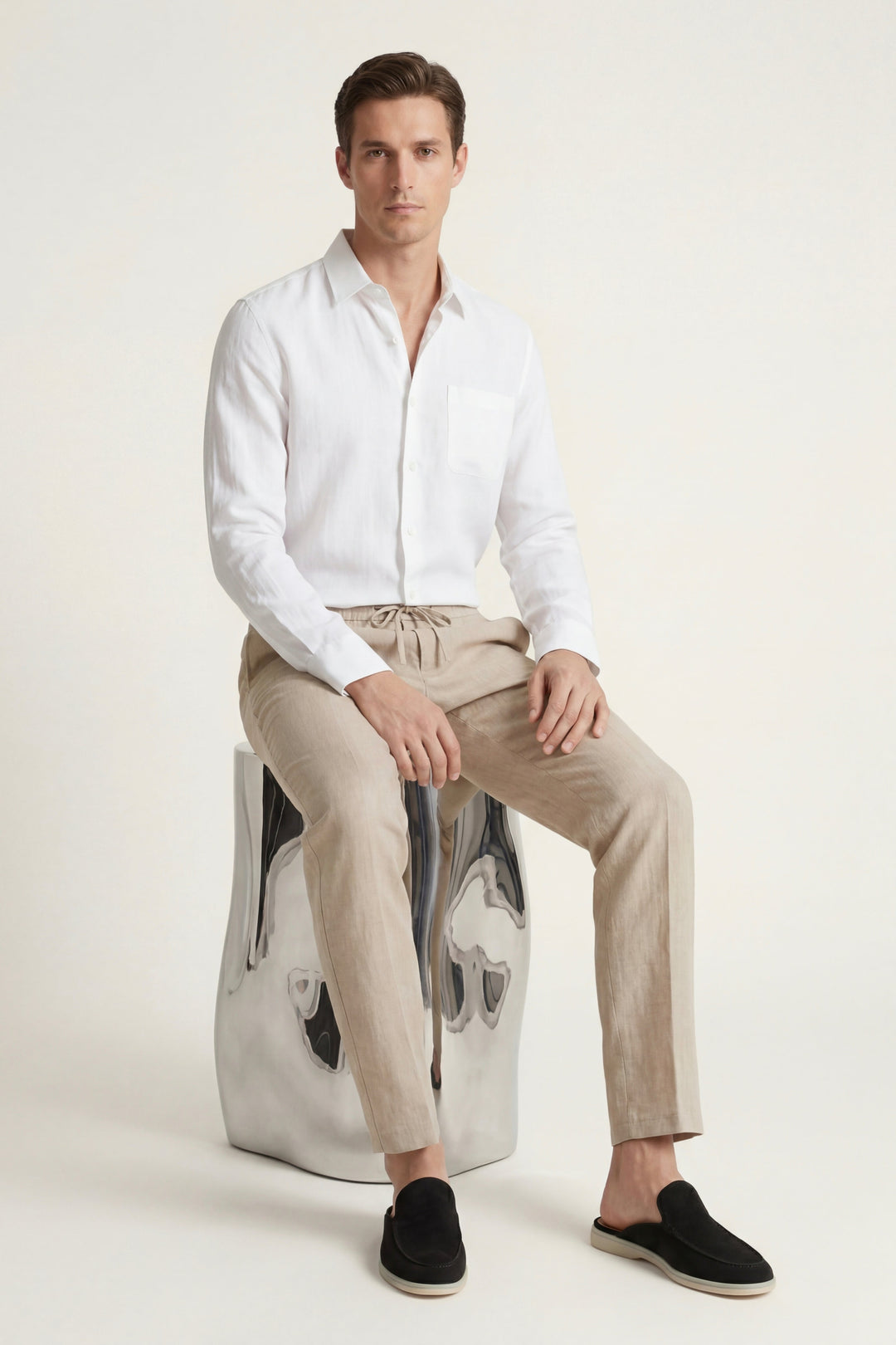 Ensemble en Lin Pisa Manches Longues Blanc/Beige