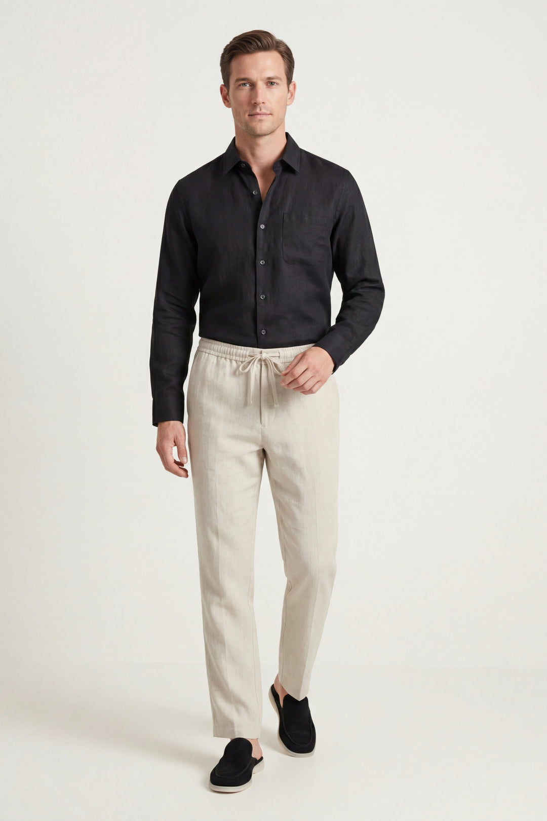 Ensemble en Lin Pisa Manches Longues Noir/Beige