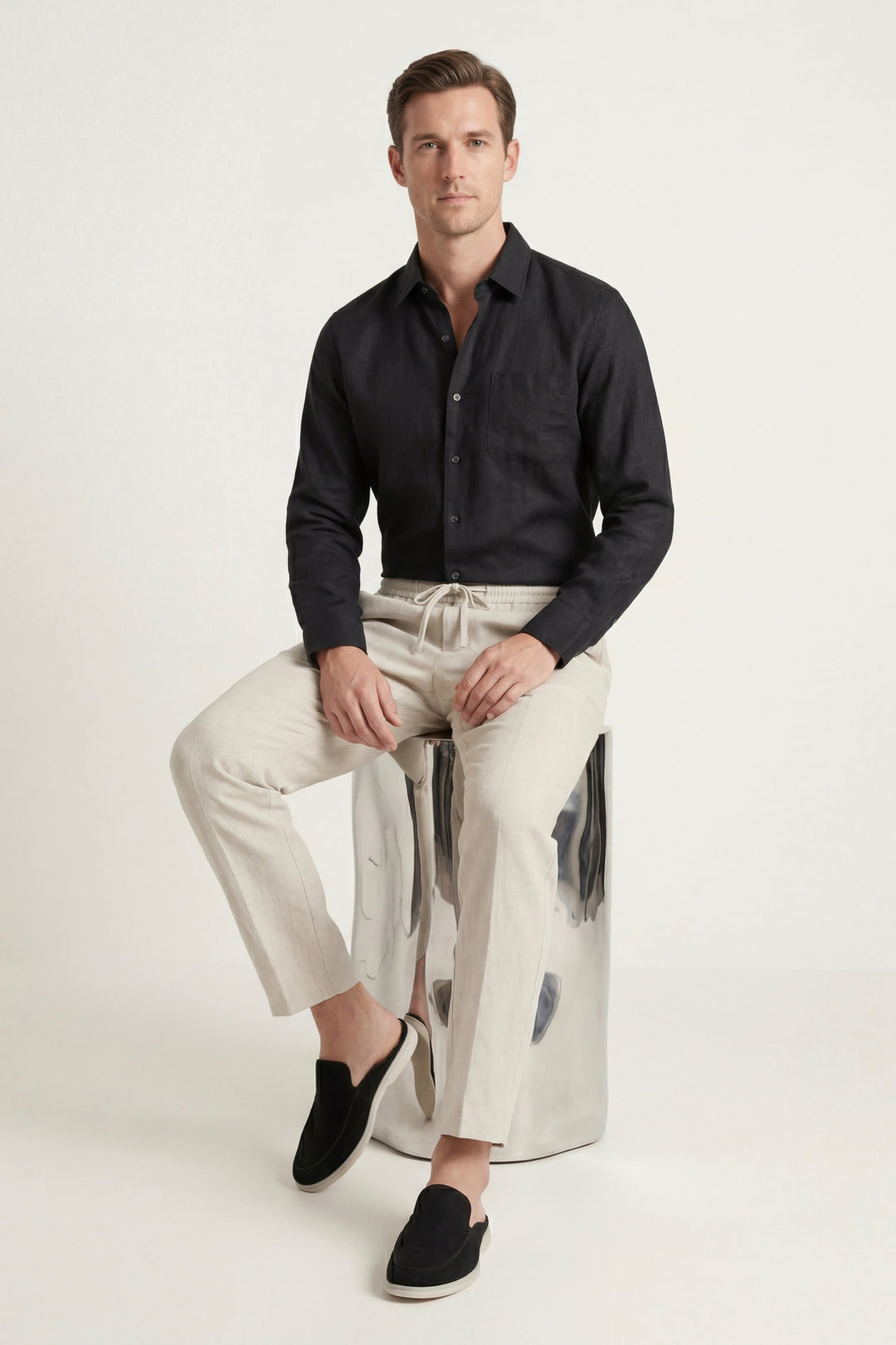 Ensemble en Lin Pisa Manches Longues Noir/Beige