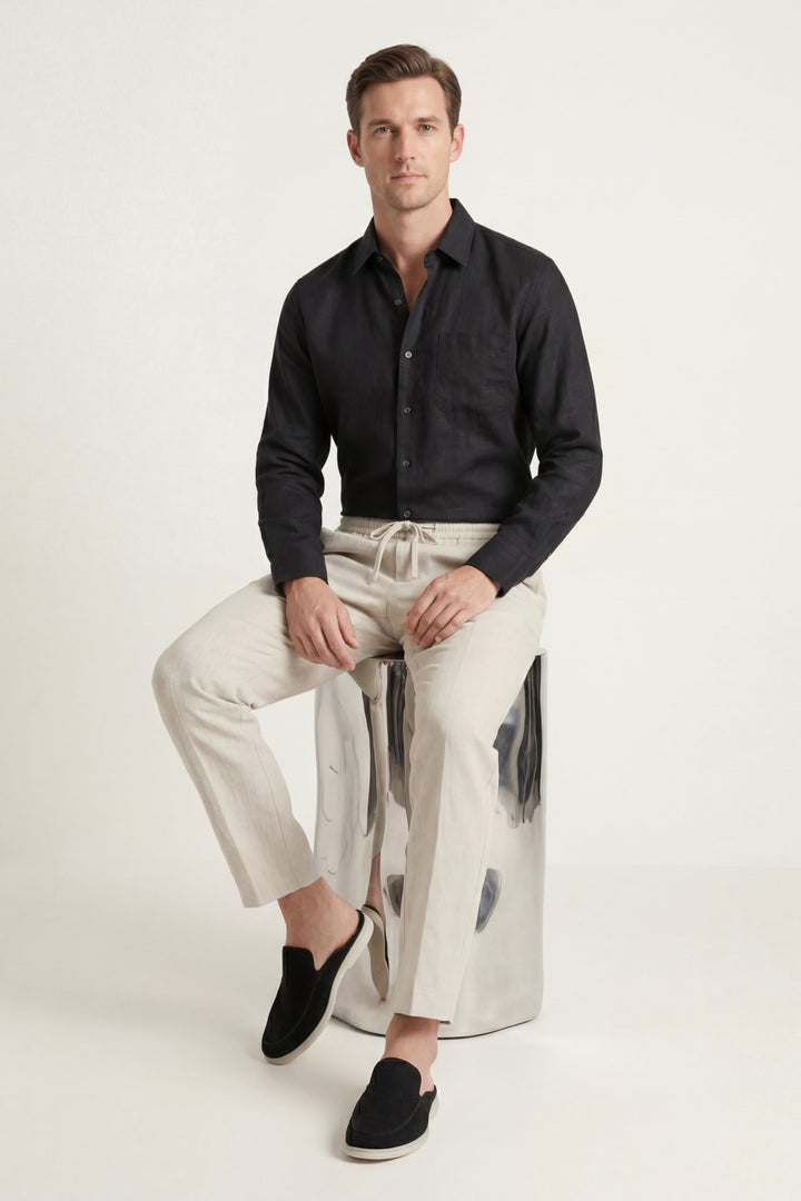 Ensemble en Lin Pisa Manches Longues Noir/Beige