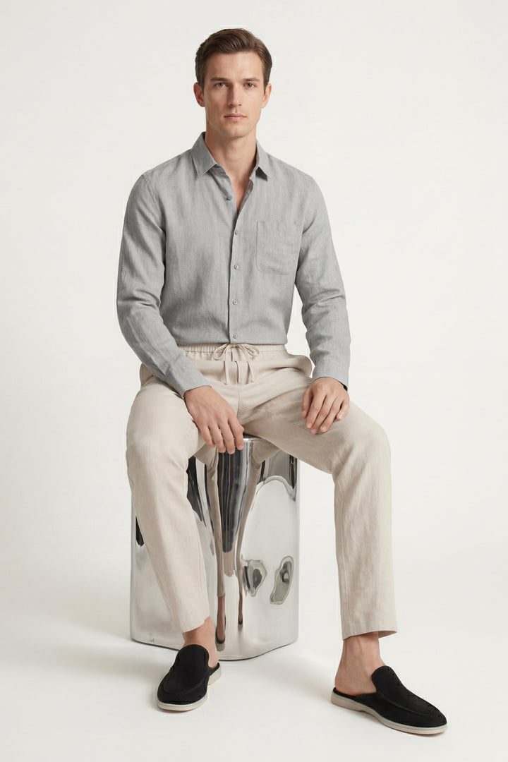 Ensemble en Lin Pisa Manches Longues Gris/Beige