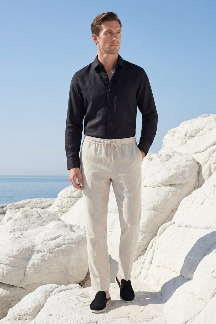 Ensemble en Lin Pisa Manches Longues Noir/Beige