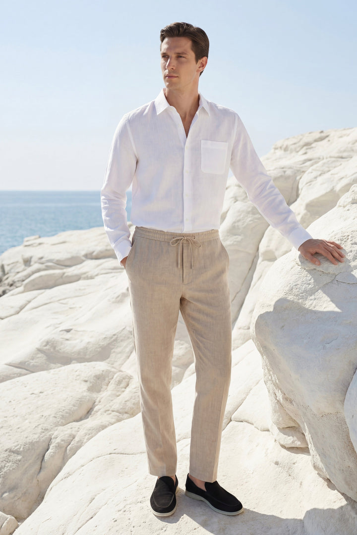 Ensemble en Lin Pisa Manches Longues Blanc/Beige