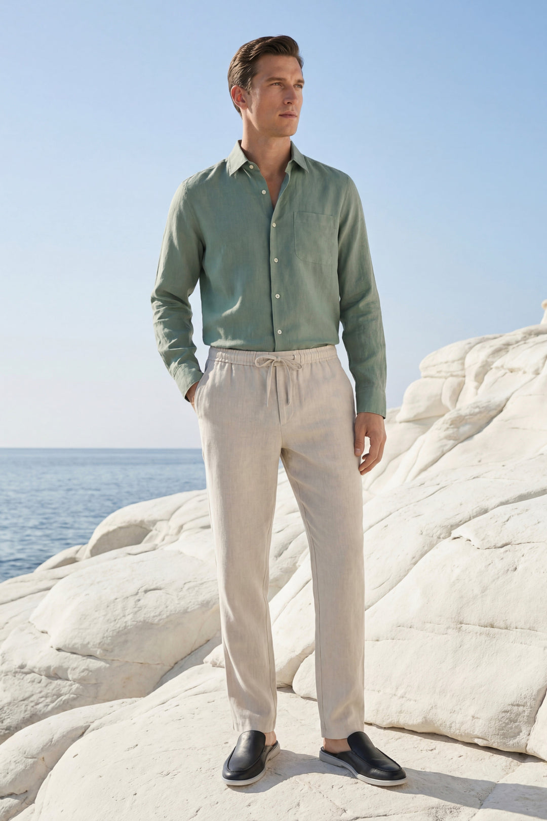Ensemble en Lin Pisa Manches Longues Vert/Beige