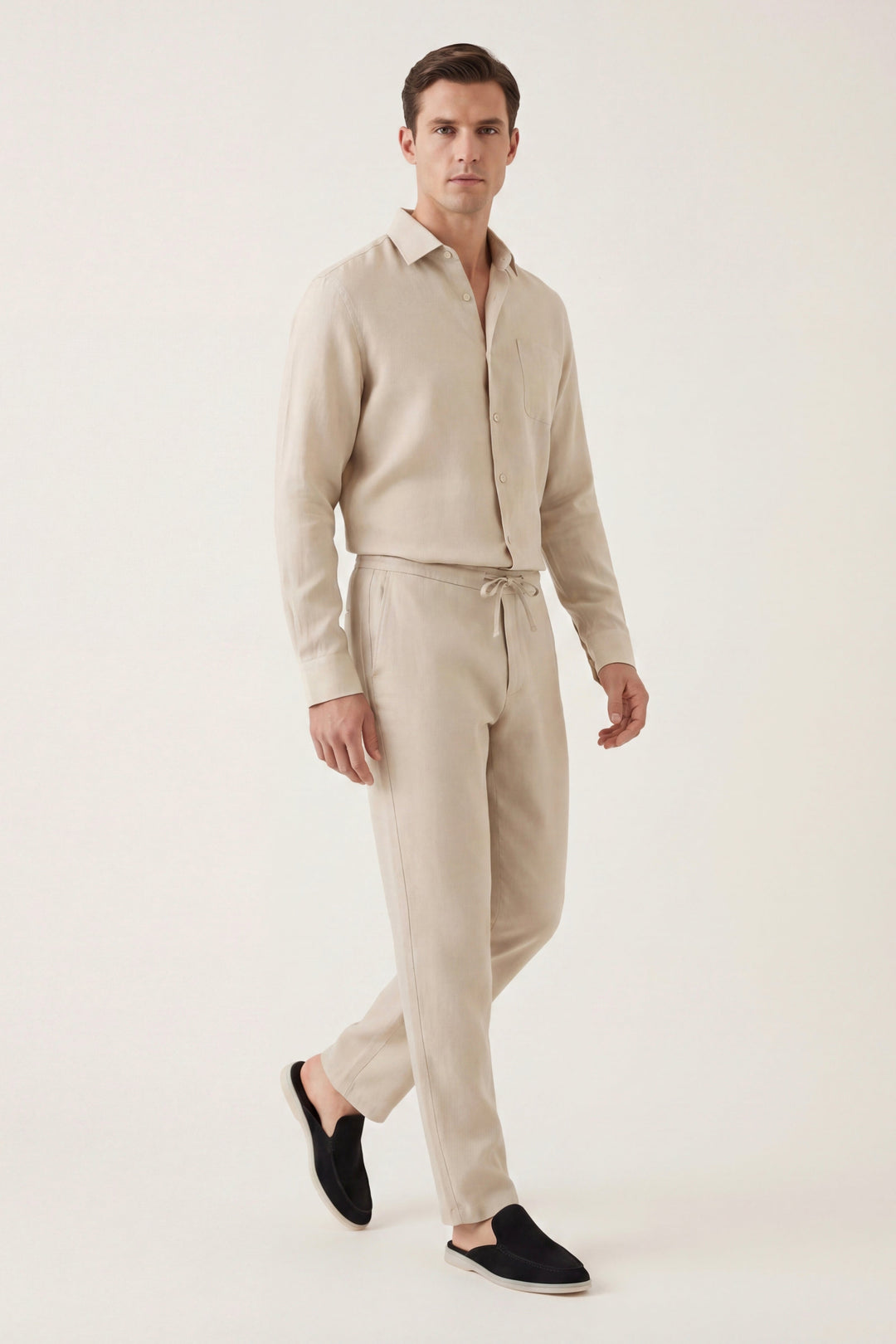 Ensemble en Lin Beige Manica Lunga