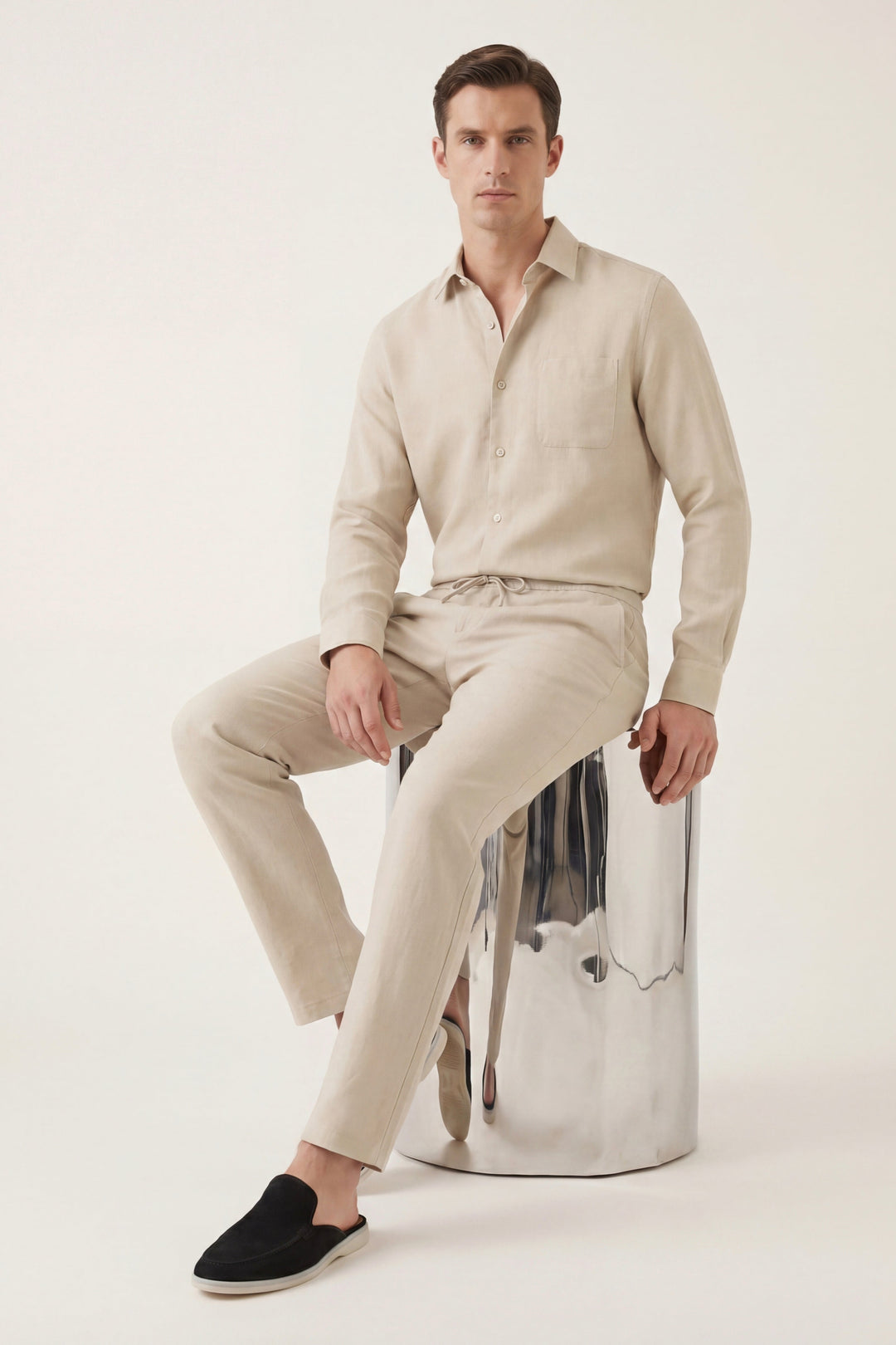 Ensemble en Lin Beige Manica Lunga