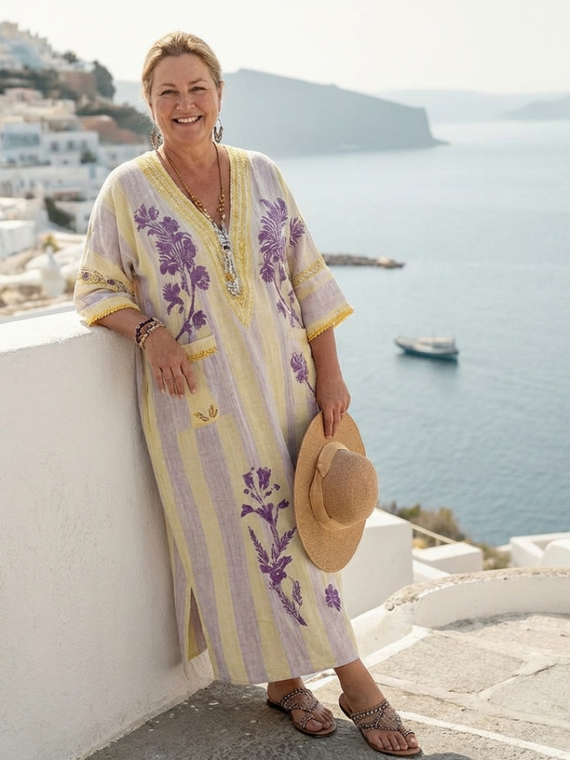 Aurelia | Robe maxi à manches demi-longues en V avec rayures et fleurs