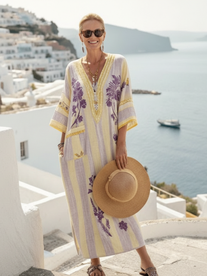 Aurelia | Robe maxi à manches demi-longues en V avec rayures et fleurs
