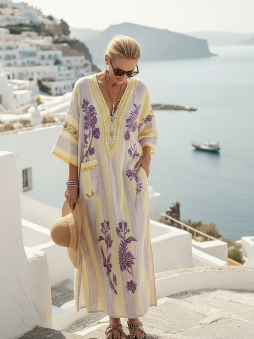 Aurelia | Robe maxi à manches demi-longues en V avec rayures et fleurs