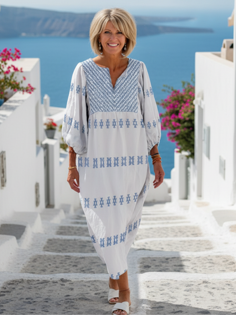 Evadne | Robe Maxi Brodée à Manches Longues et Col V